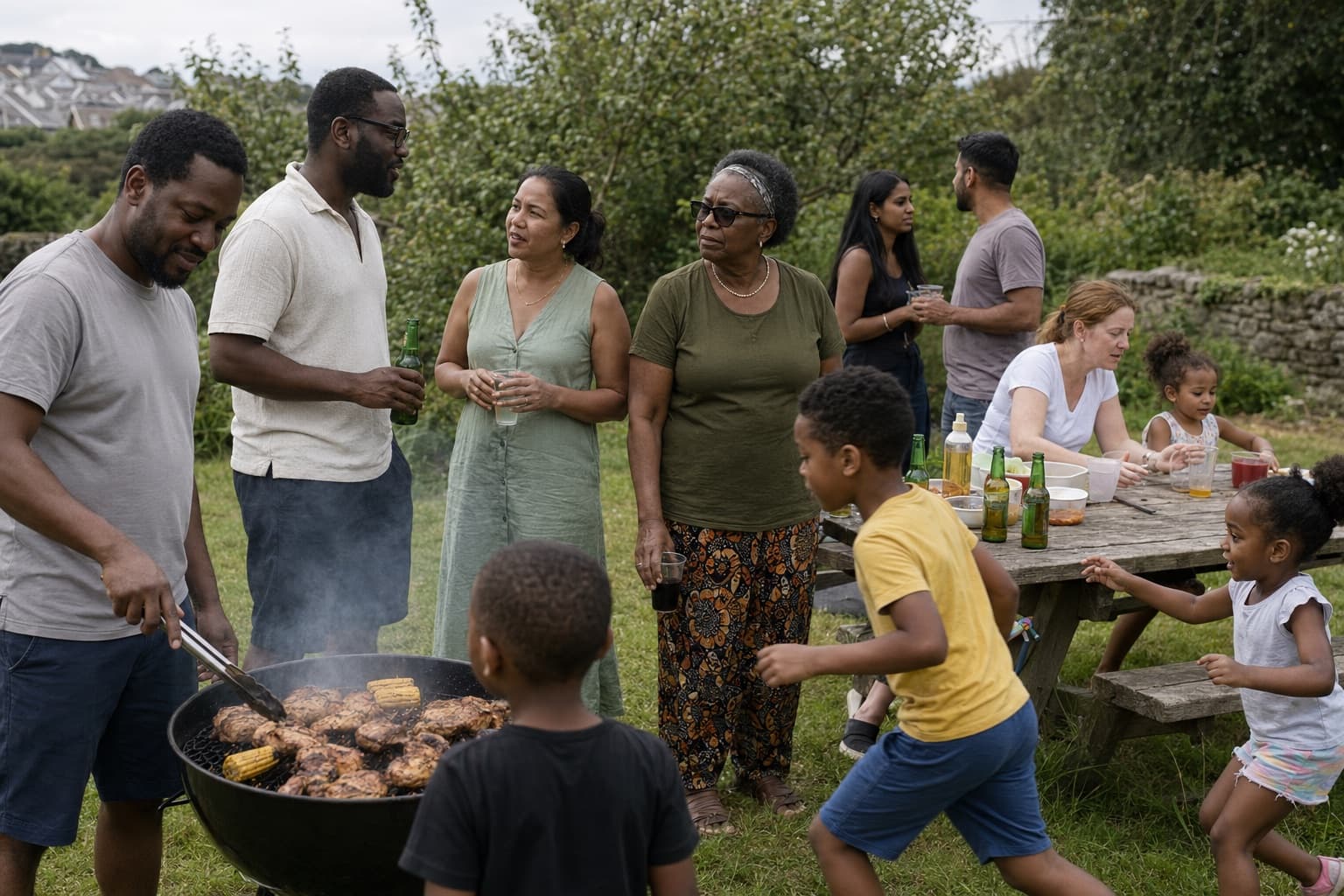 Community members helping out and sharing food together at a gathering