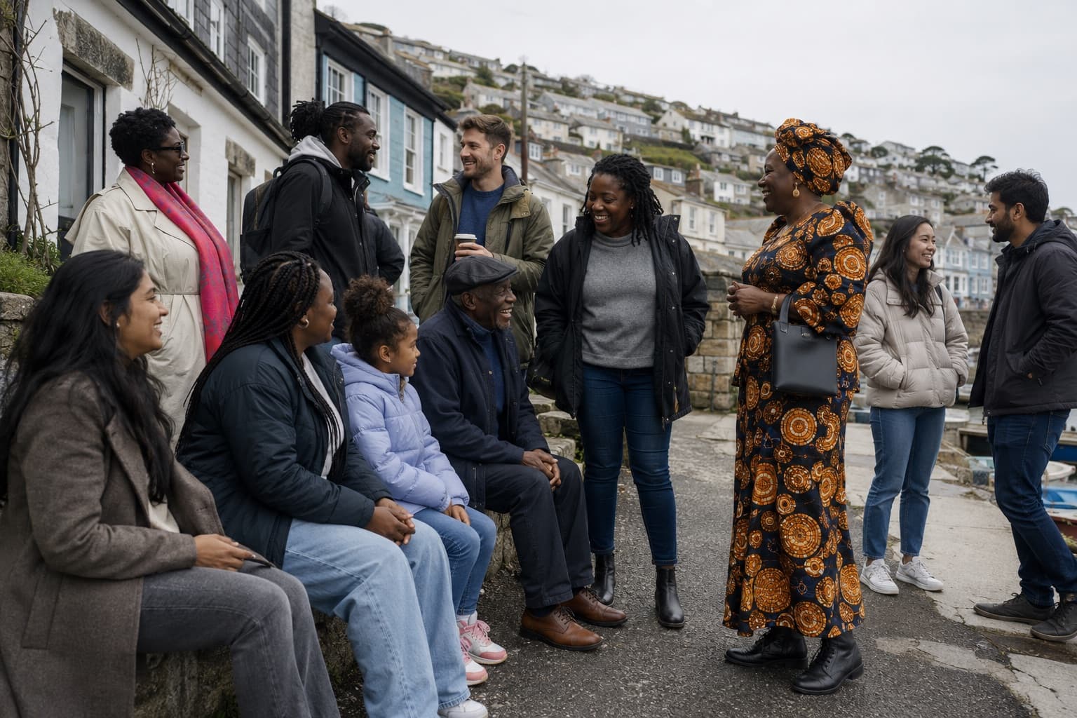 A multi-generational, multicultural group gathered together in a Cornish coastal town
