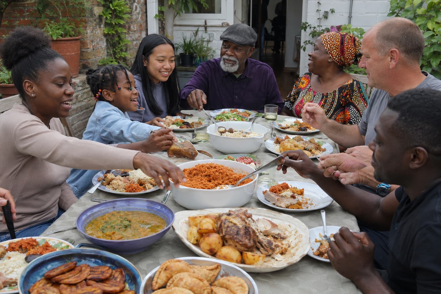 A community sharing a meal together, plates of food from different cuisines laid out on the table
