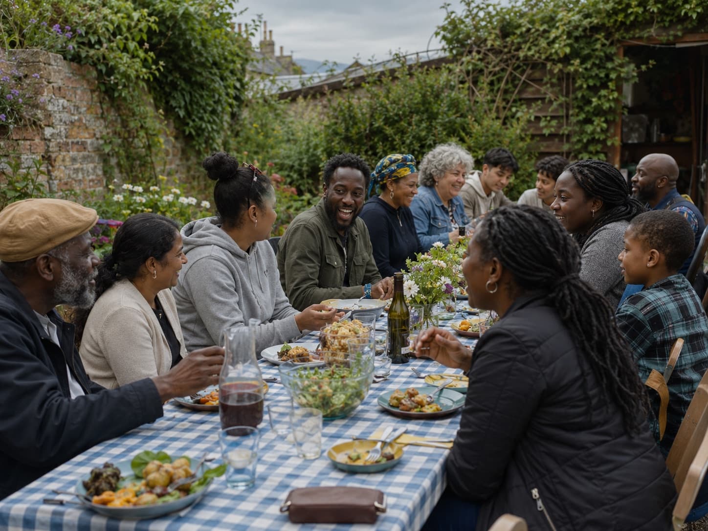 A multi-generational, multicultural group sharing a meal together outdoors in Cornwall